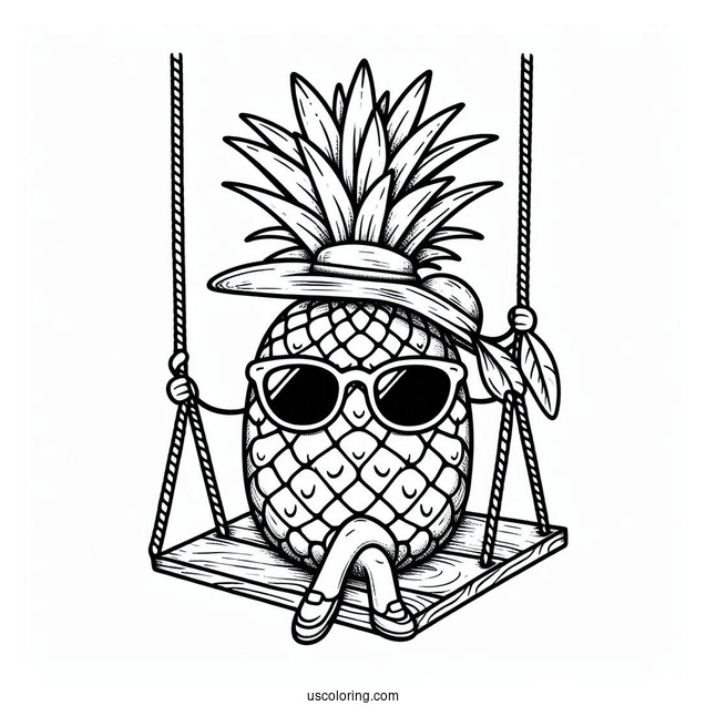 Pineapple Coloring Page on Swing Wearing Sunglasses and Hat