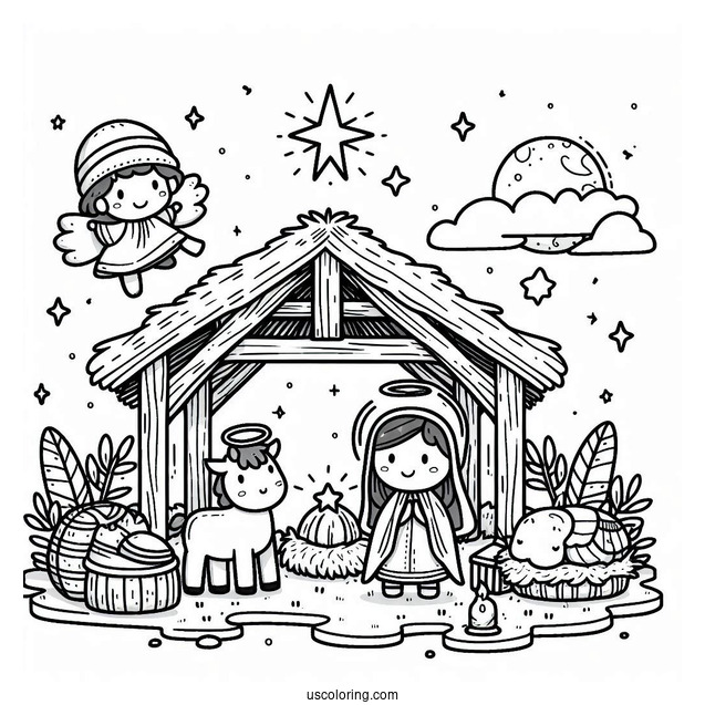 Nativity Coloring Page Of Easy Chibi Nativity For Kids