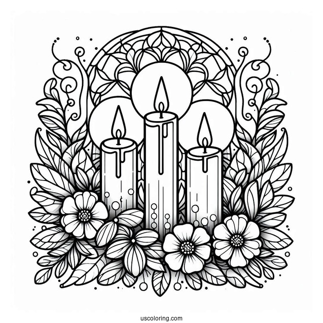 Four Candles Surrounded By Flowers Stained Glass Coloring Page