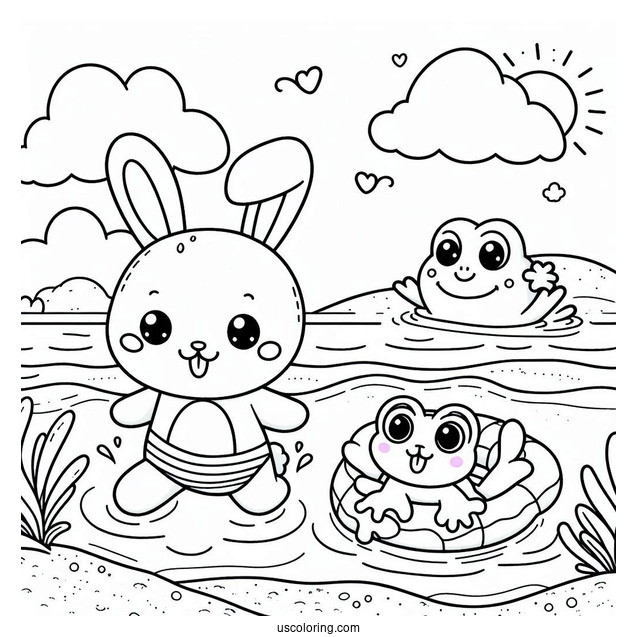 Adorable Rabbit And Frog Swimming At The Beach Coloring Sheet
