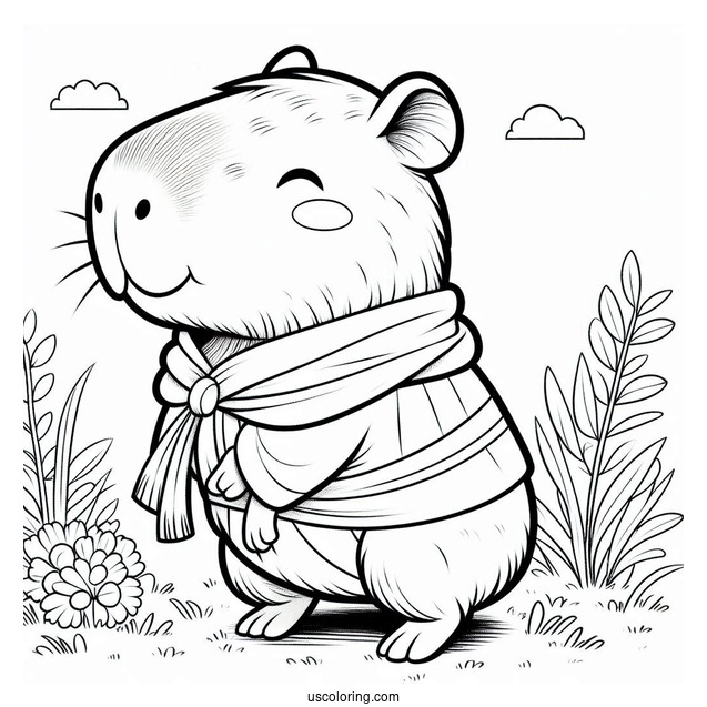 Cartoon Capybara Coloring Page Dressed In A Tunic For Kids