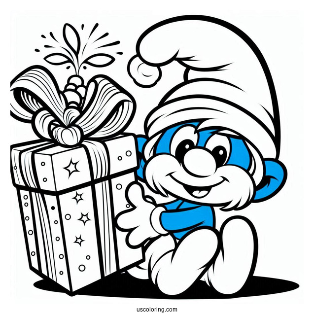 Coloring Page Of Jokey Smurf With Christmas Present
