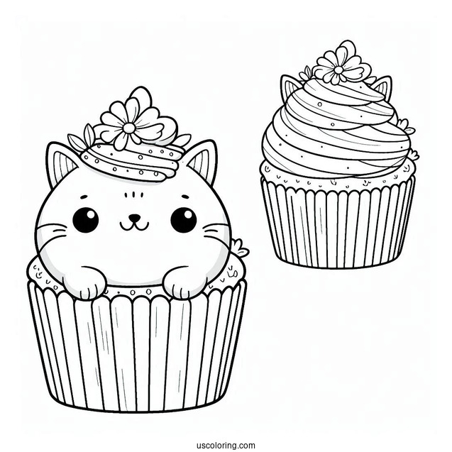 Cat Themed Cupcake To Color For Kids