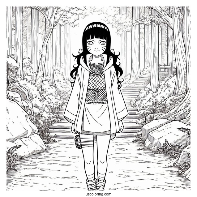 Naruto Coloring Page Of Hinata Hyuga Standing in Forest Path For Kids
