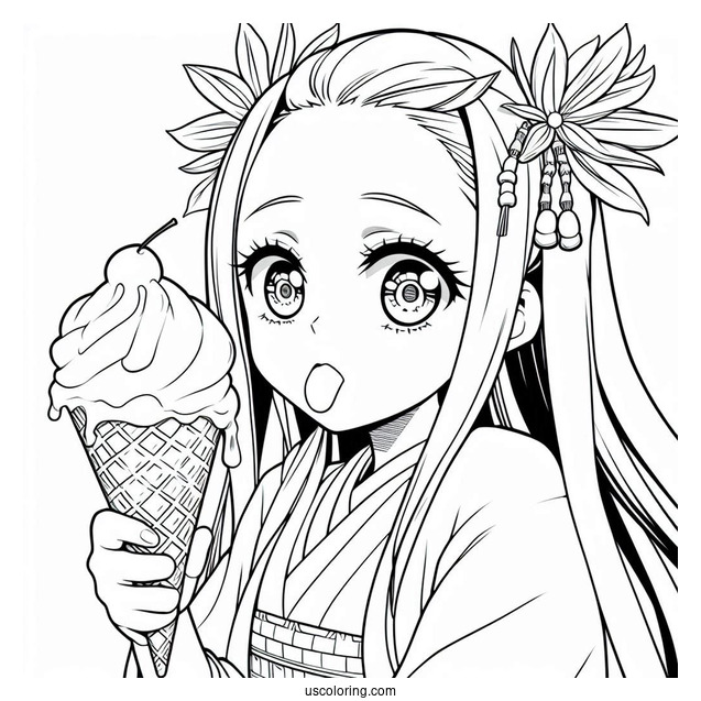 Modern Nezuko Coloring Page And Zenitsu Having Ice Cream