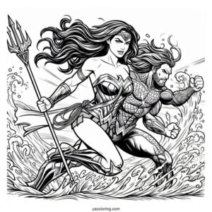Wonder Woman Fighting Alongside Aquaman Coloring Page