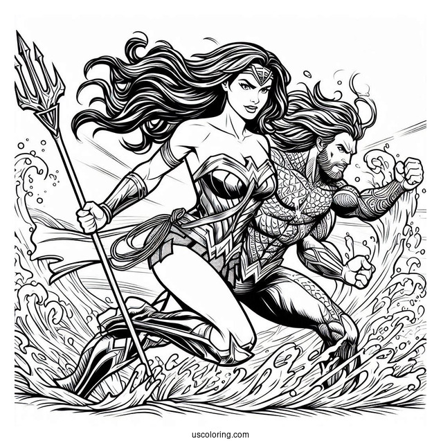 Wonder Woman Fighting Alongside Aquaman Coloring Page