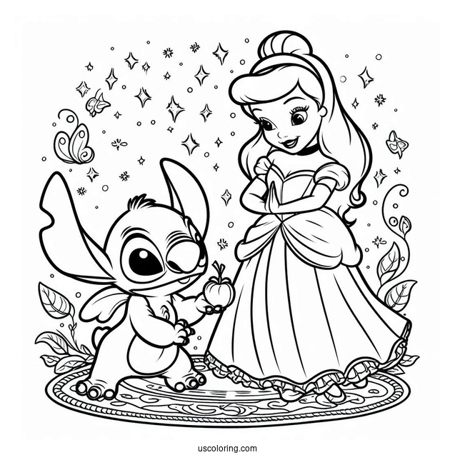Stitch With Cinderella Coloring Page For Kids