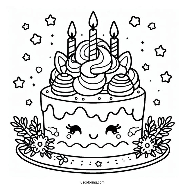 Kawaii Unicorn Cake With Candles Coloring In