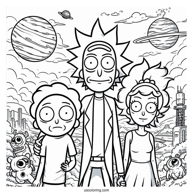 Rick, Morty, Summer, And Beth Coloring Sheet