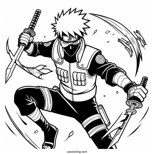Kakashi Coloring Page Using Kunai And Chidori In Battle