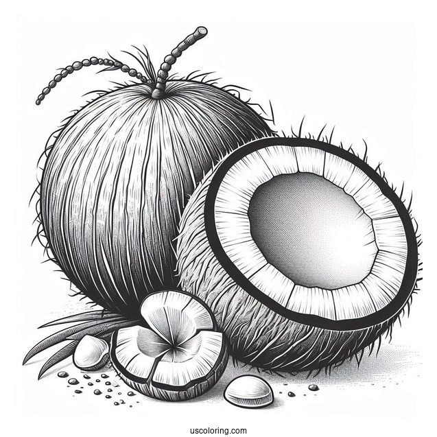 Realistic Whole And Half Coconut Coloring Page For Kids