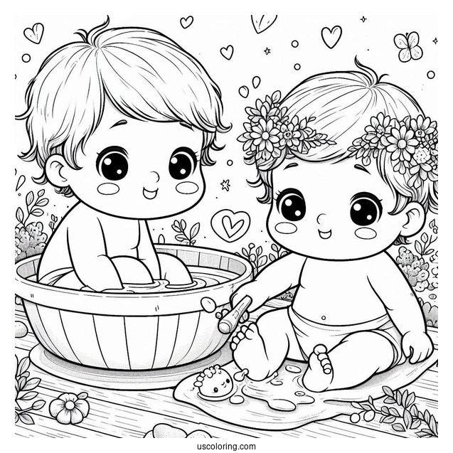 Beautiful Baby Coloring Page Playing In A Basin