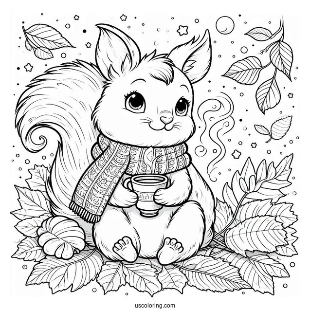 Squirrel Coloring Page Sitting On Fall Leaves With Scarf And Hot Drink