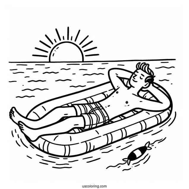 Swimming Coloring Page OF Man Relaxing On An Inflatable For Kids