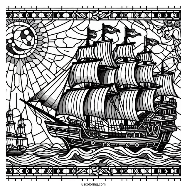 Detailed Pirate Ship Coloring Page Stained Glass