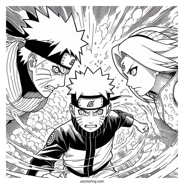 Naruto Coloring Page With Sasuke, Sakura, And Kakashi In Fight