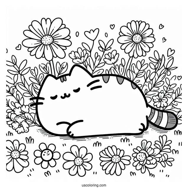 Pusheen Lying In Field With Flowers To Color