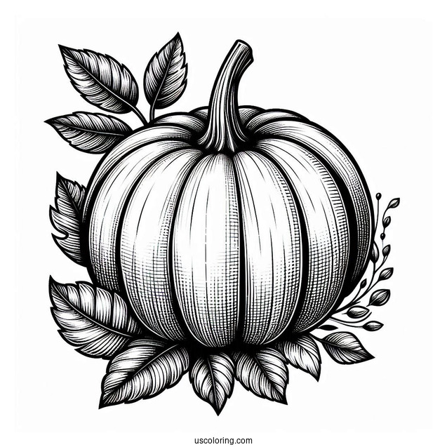 Full Page Realistic Pumpkin Coloring Page With Leaves
