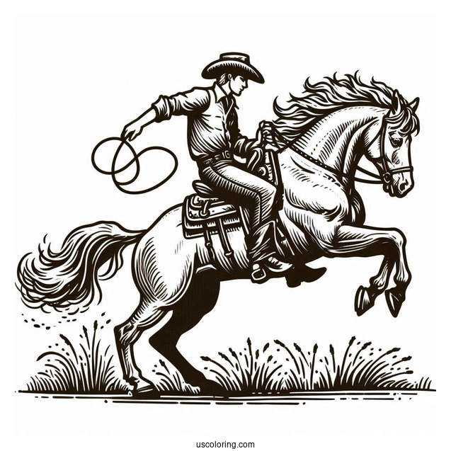 Cowboy Coloring Page Rearing A Horse