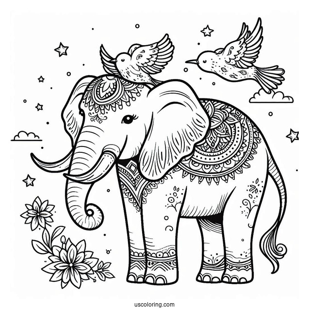 Majestic Elephant With Birds On Head Coloring Page