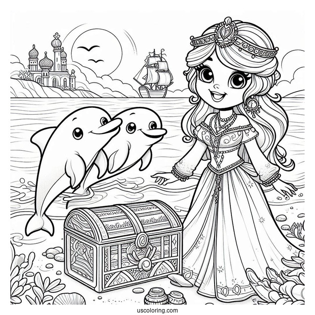 Palace Pets Coloring Page Of Treasure At The Beach With Dolphin And Seals For Kids