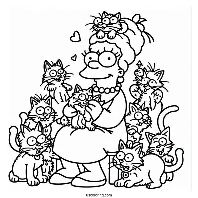 Simpsons Coloring Pages Of Crazy Cat Lady With Her Kittens
