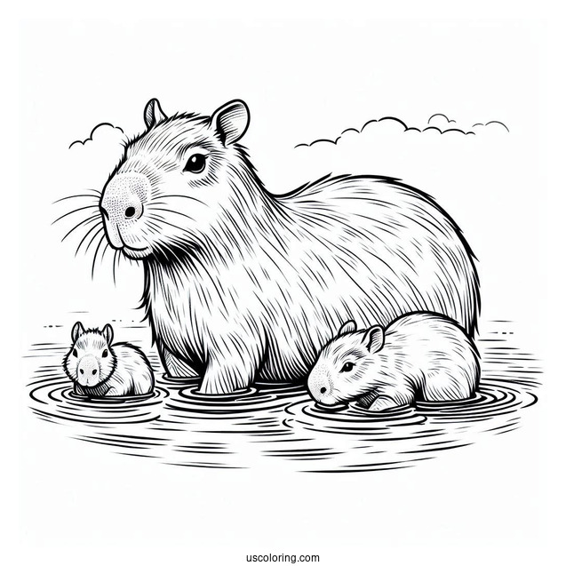 Mama Capybara Coloring Page With Babies In The Water