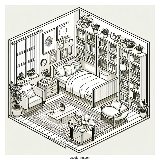 Isometric Bedroom Coloring Page With Bookshelves, Coffee Table, And Plants