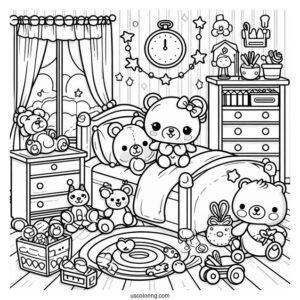 Kawaii Kid's Bedroom Coloring Page Full Of Toys For Kids