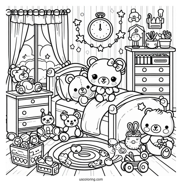 Kawaii Kid's Bedroom Coloring Page Full Of Toys For Kids