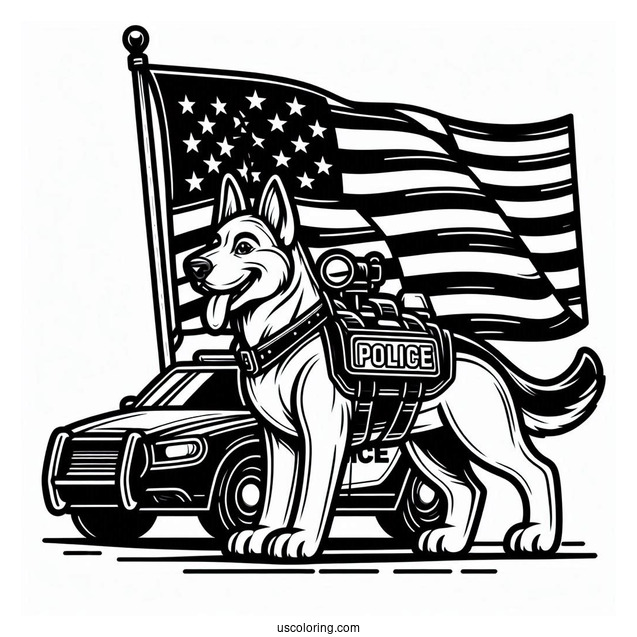 Police K-9 Unit With American Flag To Color
