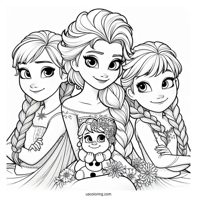 Elsa With Friends From Frozen Coloring Page