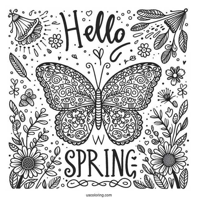 Festive Hello Spring Words With Butterfly In The Garden
