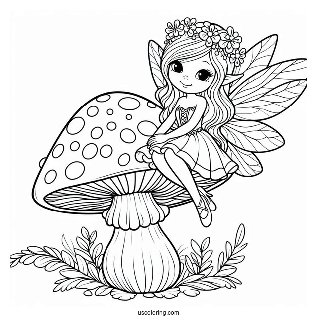 Pretty Fairy Sitting On A Mushroom Coloring Page