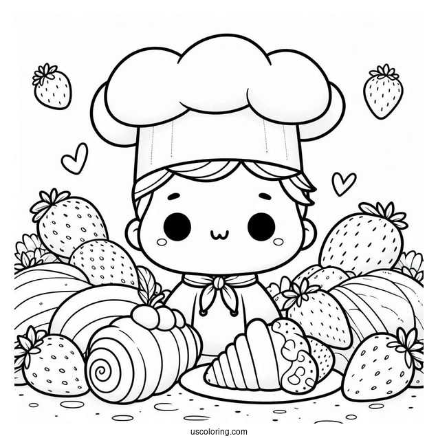 Chef Strawberry Coloring Page In Front Of Pastries
