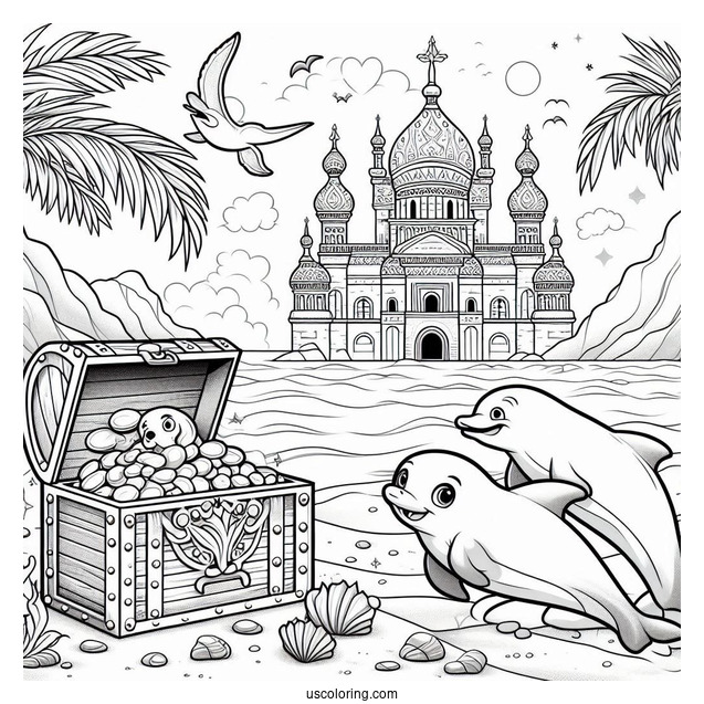 Palace Pets Coloring Page Of Treasure At The Beach With Dolphin And Seals For Kids