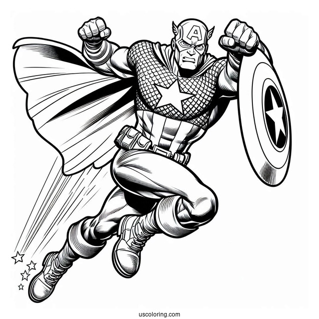 Captain America Leaping Through The Air To Color