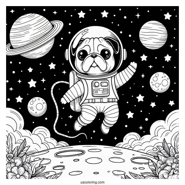 Astronaut Pug Coloring Page Floating in Outer Space