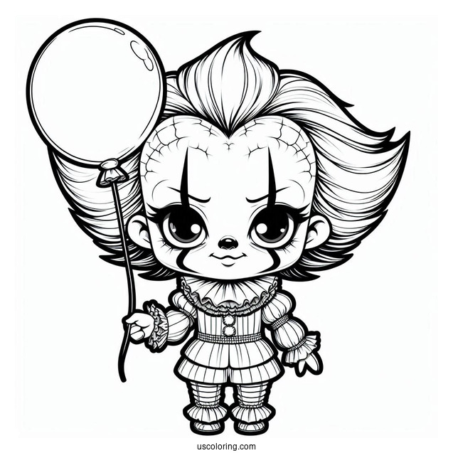 Scary Chibi Pennywise Holding A Balloon Coloring Page For Kids