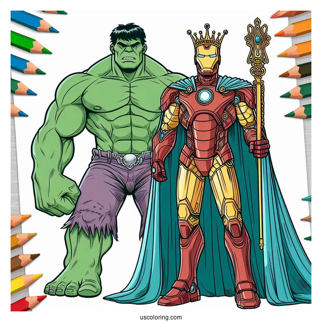 Iron Man Standing Beside Hulk Coloring Page In The City