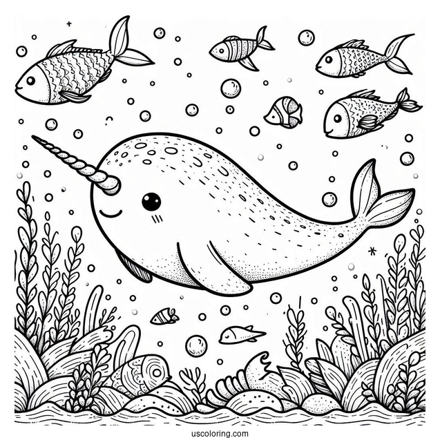 Narwhal Coloring Page Swimming With Fishes