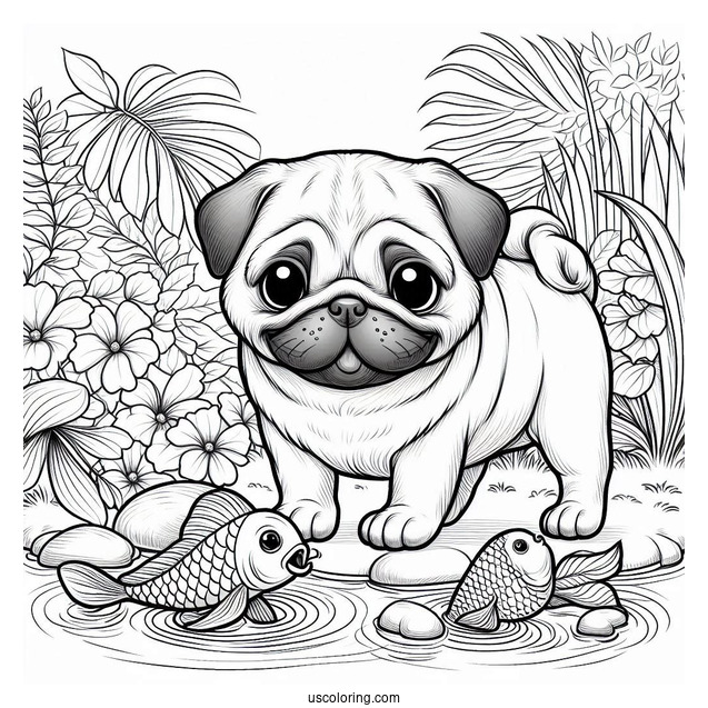 Curious Pug Coloring Page Playing with Koi Fish by the Pond