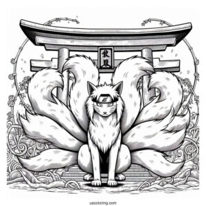 Naruto Coloring Page Of Detailed Kurama Nine Tails In Front Of Torii