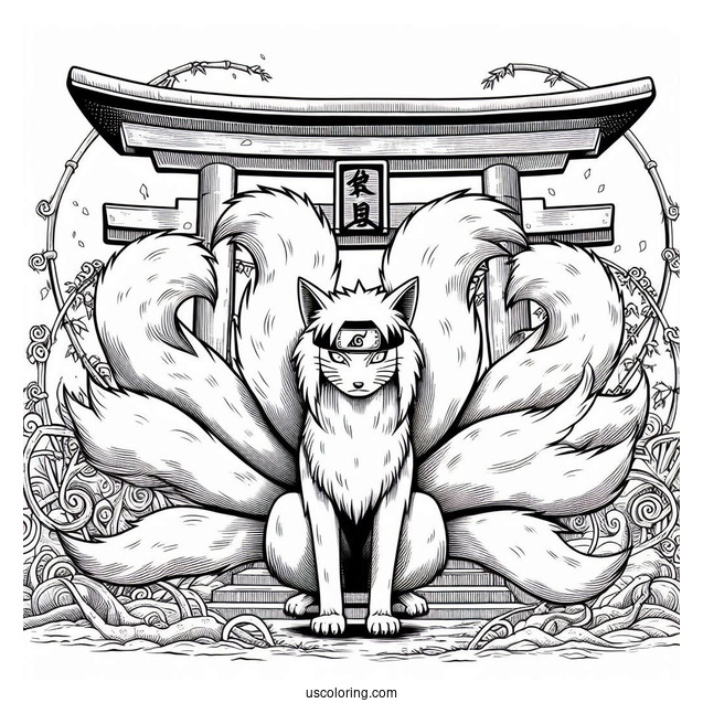 Naruto Coloring Page Of Detailed Kurama Nine Tails In Front Of Torii