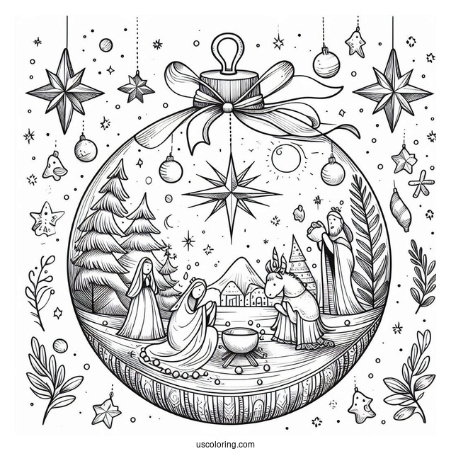 Christmas Bauble Nativity Coloring Page