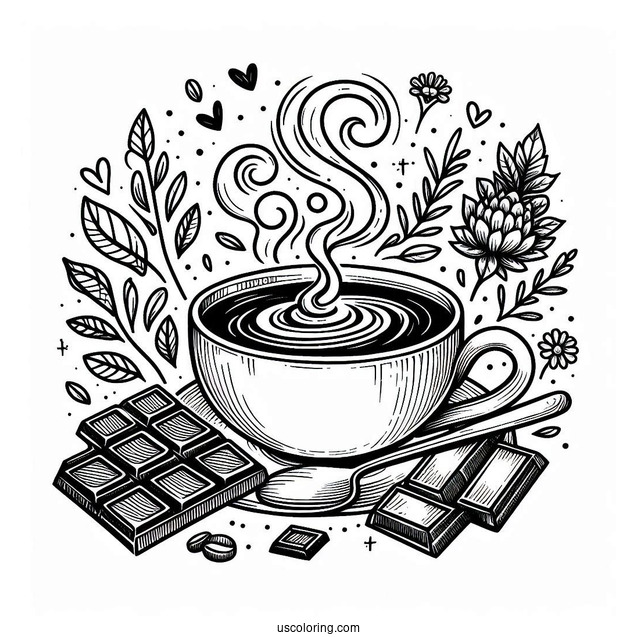 Steaming Coffee Coloring Pages Of Art With Pieces Of Chocolate