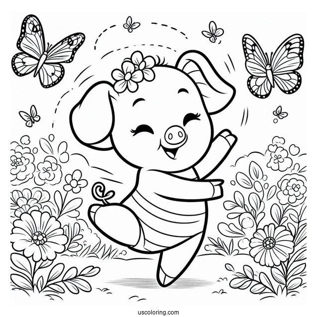 Happy Piglet Coloring Page Dancing In The Garden With Butterflies