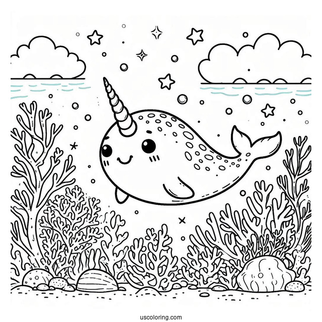 Cute Narwhal Coloring Page Swimming In A Coral Reef For Kids