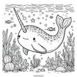 Narwhal Coloring Page Swimming Underwater With Aquatic Life